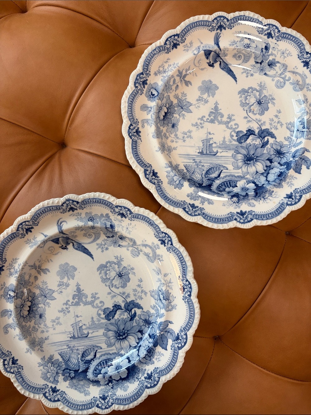 Blue Floral Scalloped Ceramic Dinner Plates - Set of 2